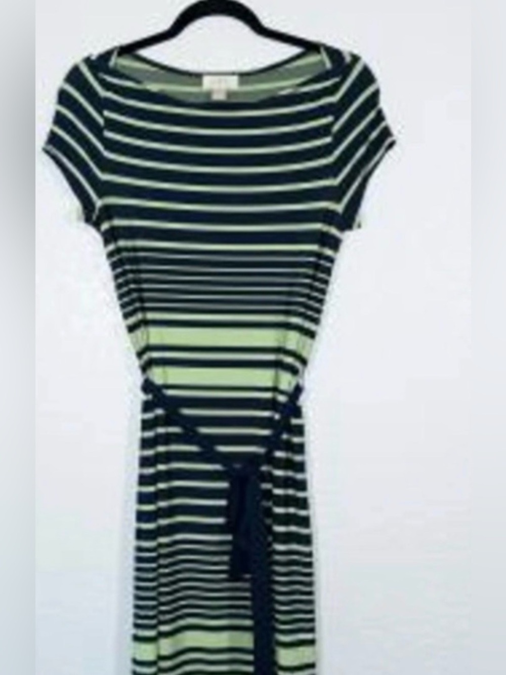 LOFT Navy and Lime Striped Belted Dress M-L